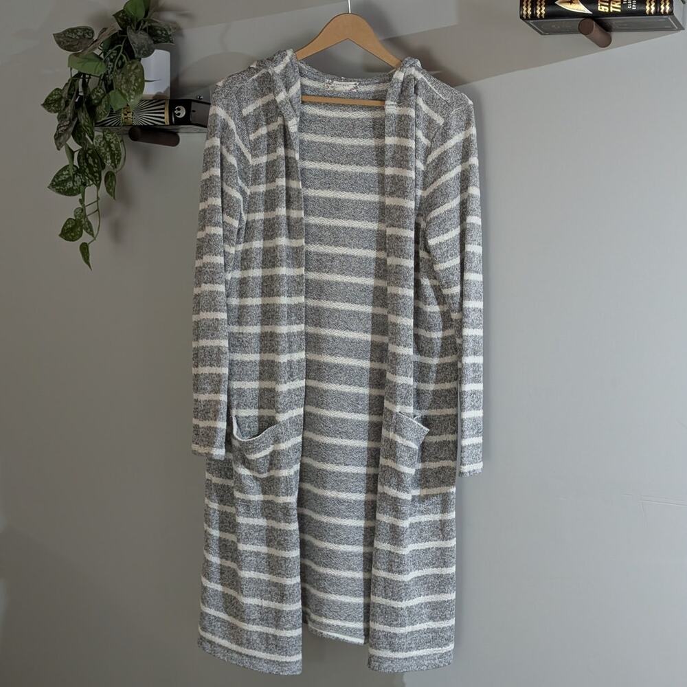 Pink Rose | Gray Stripe Hooded Long Knit Cardigan | Women's Size XL